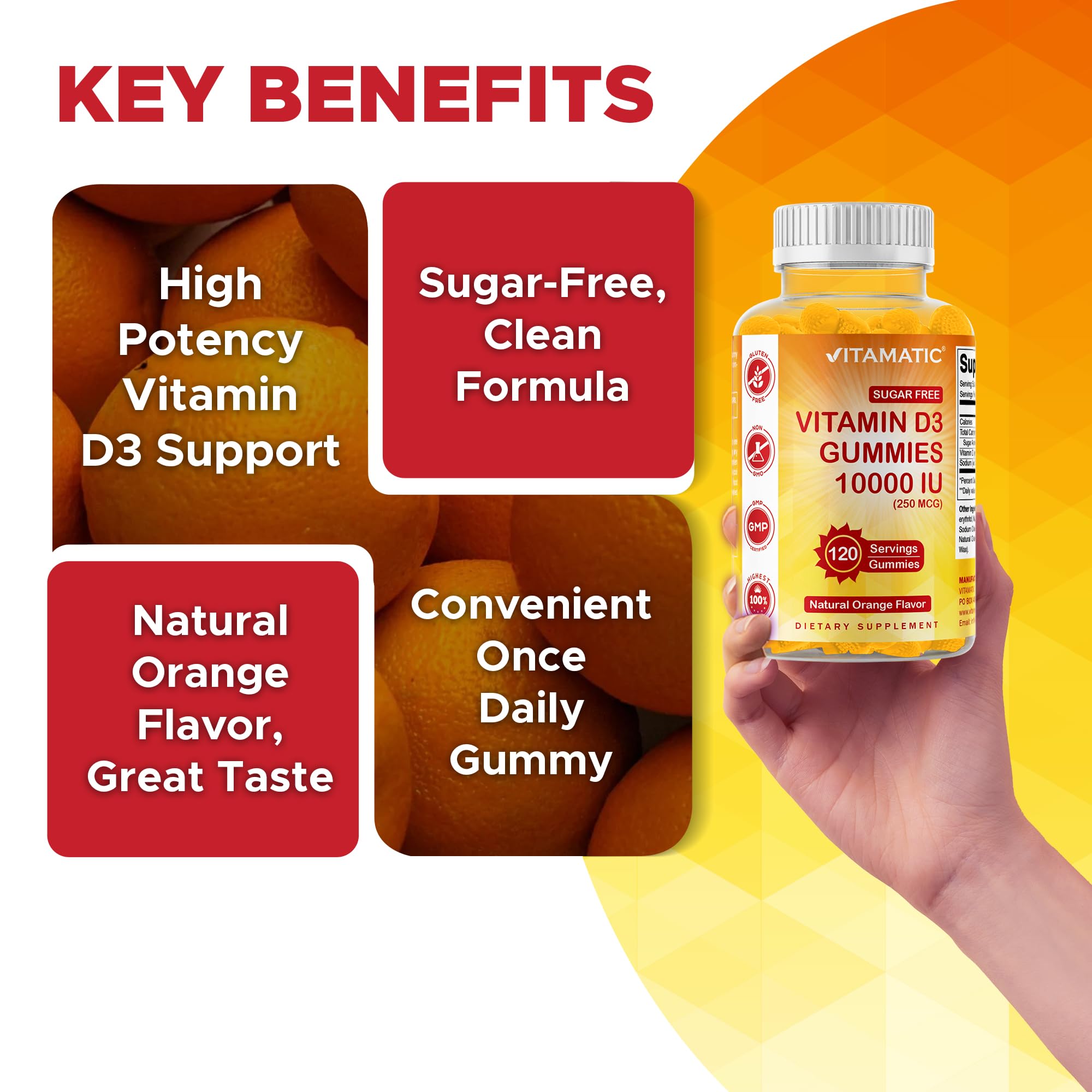 Vitamatic Sugar Free Vitamin D3 10000 IU - 120 Pectin Based Gummies - Great Taste - Healthy Bones, Mood & Immune System Function - Non-GMO - 120 Servings — Amazon image 5