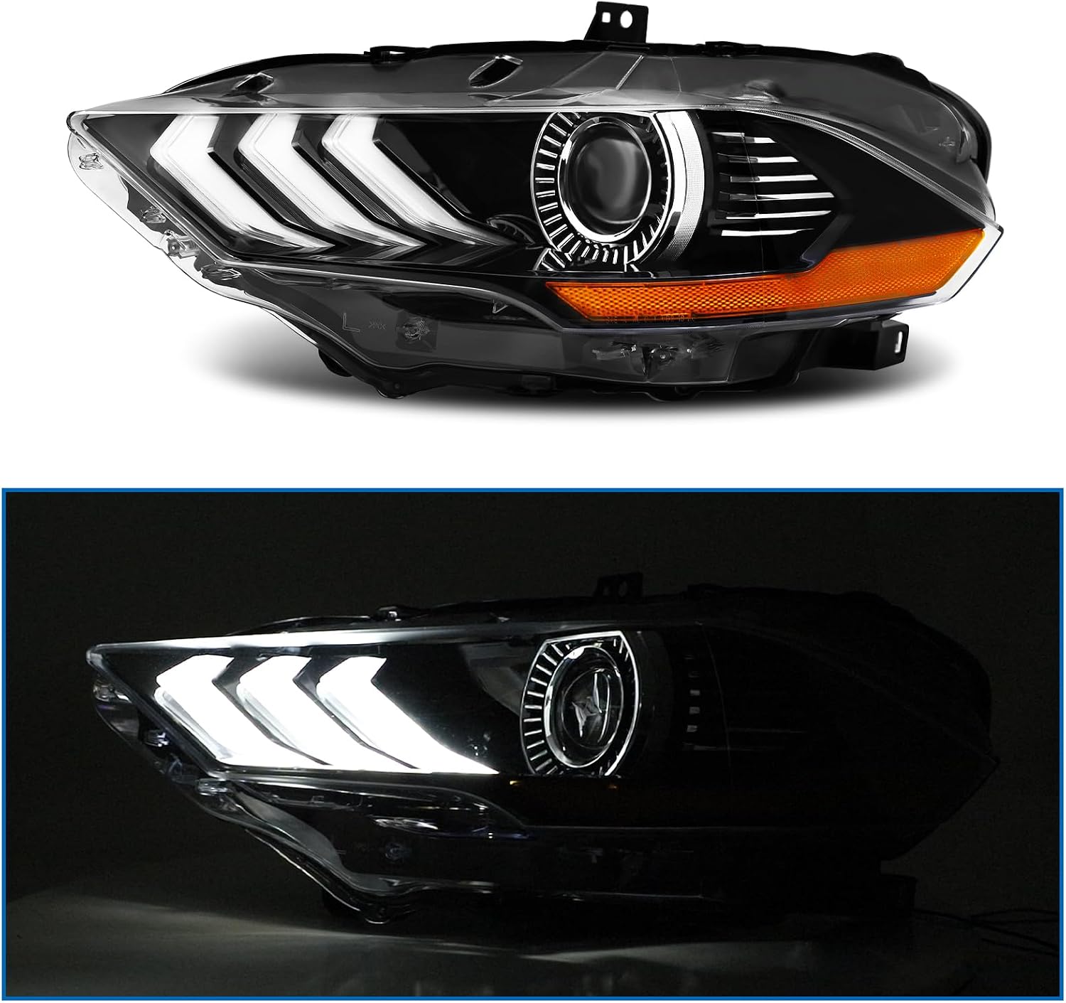 Left Projector Headlight Assembly Fit for Ford Mustang 2018-2023 w/Turn Signal Light DRL High Low Beams Headlamp Head Light Factory Style, Left Driver Side