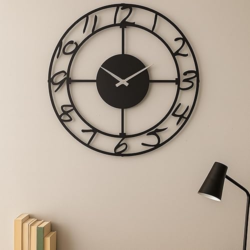 Miniatura 84 de Reloj de pared de metal de 20 pulgadas, redondo, silencioso, moderno, analógico, grande, funciona con pilas, reloj de pared para sala de estar, Negro