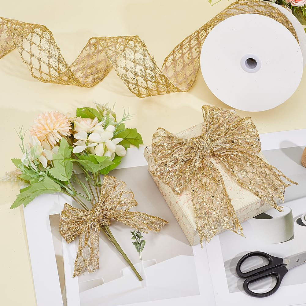 MAYJOYDIY 18.3m Glitzer Diamant Gitter Drahtband Netz Strass Punkte Drahtband 6~6.5cm Breit für Geschenkverpackung Schleifen Basteln Kranz Zubehör, Gold Dekorationsband