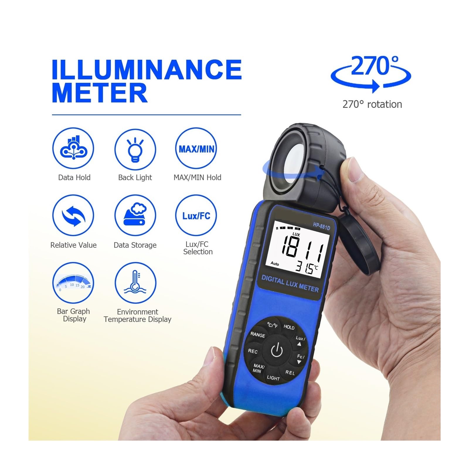 Misuratore di luce, Misuratore di luce portatile for intensità luminosa, luxmetro digitale, precisione ±4%, misurazione 1-400.000 lux, azzeramento automatico, HoldPeak 881D