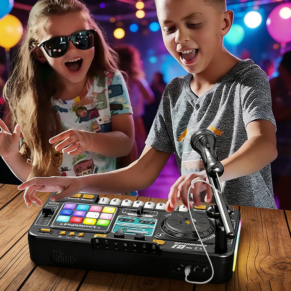 Dj Pult per bambini, mixer DJ con microfono, Dj Pult principianti, mixer Dj bambini, 100+ effetti sonori, luce, regalo giocattolo per ragazzi ragazze 3-10 anni, per streaming, canto