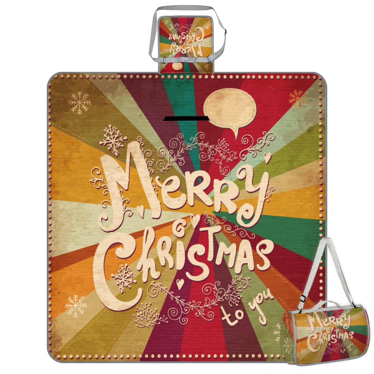Shimoshe Picnic Blankets 57”x 59”, Retro Merry Christmas Waterproof Sandproof Picnic Mat Lightweight Foldable Beach Blanket for Camping Park Grass Beach Outdoor Blanket