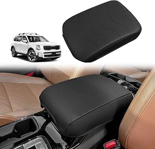 Muslogy Center Console Armrest Cover Compatible with 2020-2024 2025 Kia Telluride Comfort Armrest Pad Arm Rest Cushion Vegan Leather Protector Black Regular Thick
