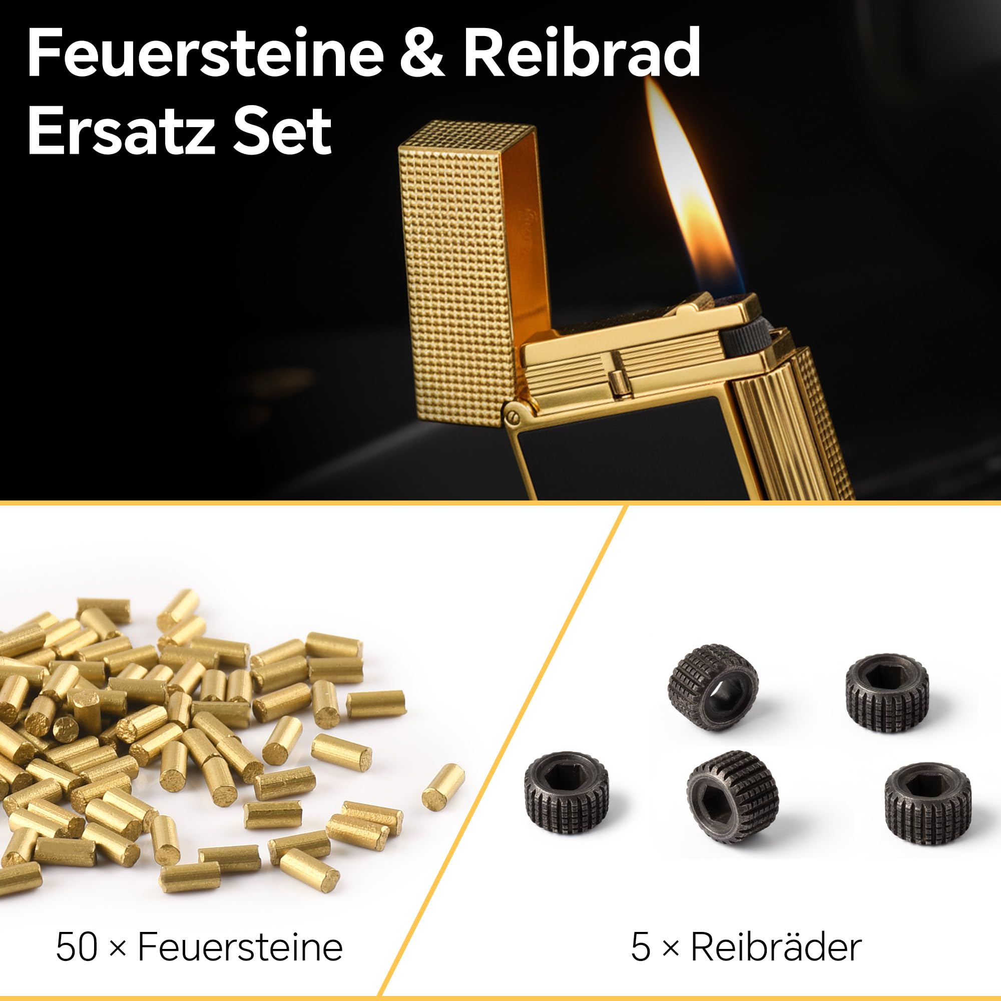Reibrad & Krzemień zestaw do zapalniczki S.T. Dupont L2, części zamienne z 5 kółkami do zapalniczki i 50 sztuk kamieni zapłonowych 2,5 mm