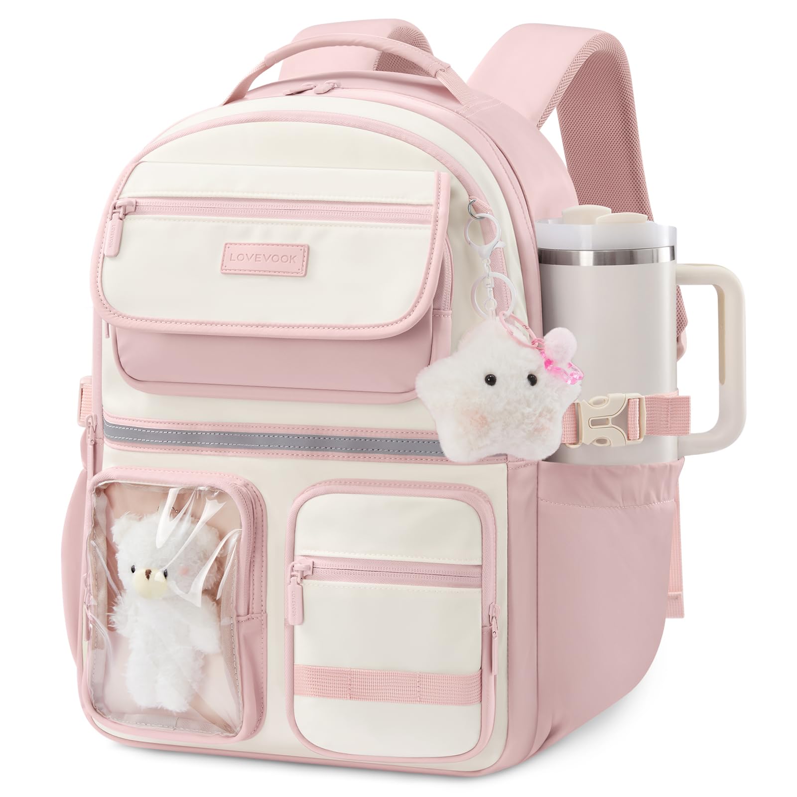 LOVEVOOK School Backpack for Girls, Cute Bookbag for Teen 8-16, DIY Friendly 15.6" Laptop Backpack for Middle High College Student Back to School, Bag with Water Bottle Pocket for Travel, Pink