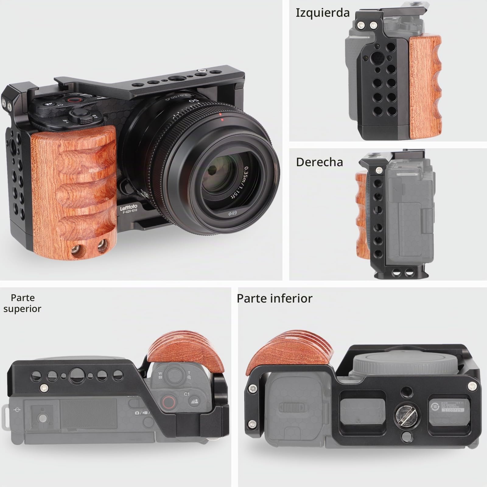 Leftfoto Jaula de metal mejorada con mango de madera para accesorios de grabación de video Sony Alpha ZV-E10, micrófono de zapata fría y extensión de luz