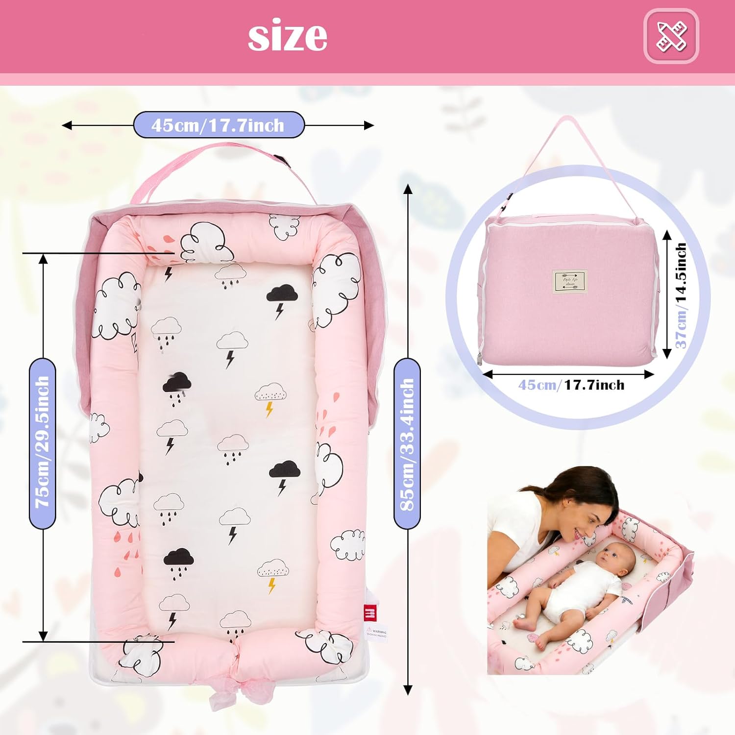 Baby Lounger for Newborns & Infants 0–24 Months, 100% Cotton Breathable Infant Support Cushion with Adjustable Size, Portable Baby Nest for Home and Travel, Baby Shower Gift (Rain Cloud) - Image 3