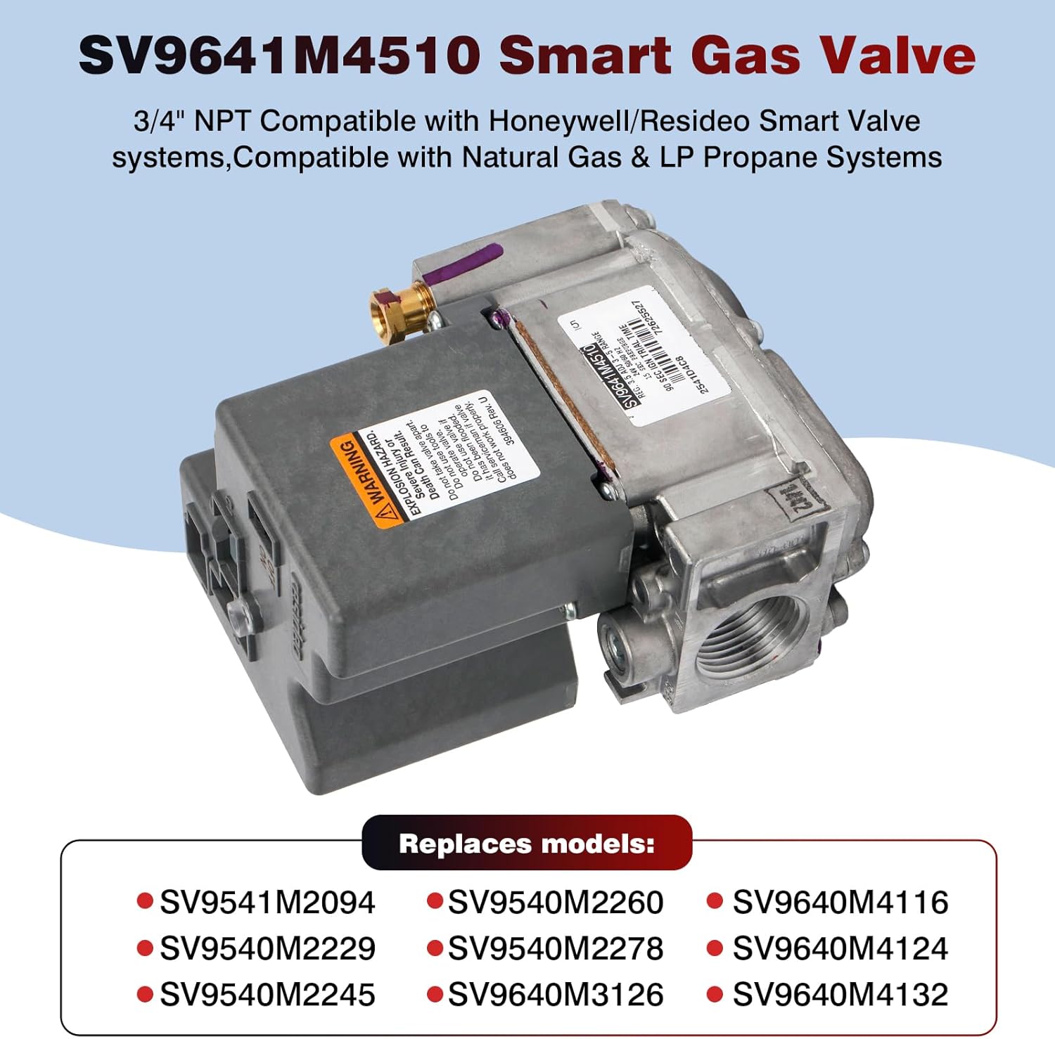 SV9641M4510/U Smart Gas Valve, 3/4" NPT, Intermittent Hot Surface Pilot Ignition - Replaces for Honeywell SV9541M2094, Compatible with Natural Gas & LP Propane Systems