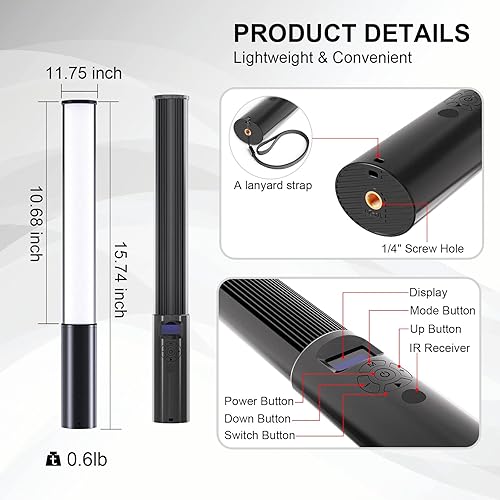 Miniatura 6 de Varita de luz LED RGB con control remoto, barra de luz de video RGB de 360° para fotografía, luz de cubo recargable incorporada de 2500 mAh, luz de