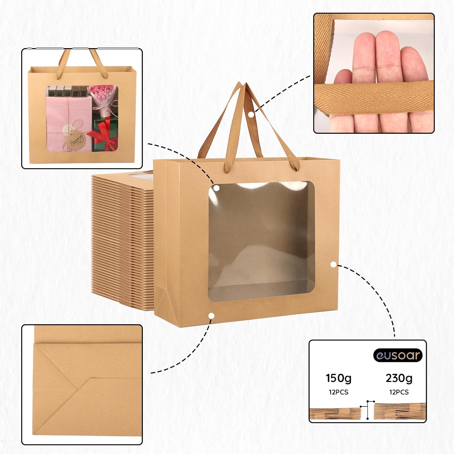 EUSOAR Clear Gift Bag with Window, 12pcs 12.5"x4.5"x11" Large Kraft Brown Transparent Paper Gift Bags Bulk, Bouquet Tote Gift Shopping Transparent Bags with Handles for Wedding Festival Bridal Party - Image 3