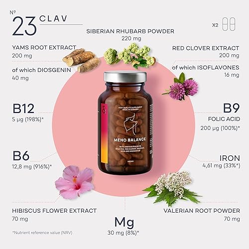 Miniatura 4 de Meno Balance - Apoyo para la menopausia - raíz de ñame salvaje, trébol rojo, ruibarbo siberiano, raíz de valeriana, polvo de hibisco, alivio de