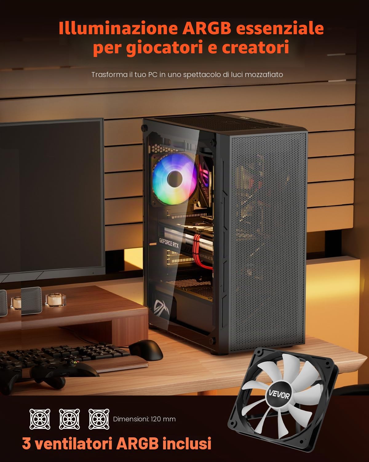 VEVOR Case per PC Compatto, 3 Ventole ARGB da 120 mm Case per Computer da Gioco con Pannelli in Vetro Temperato ad Alto Flusso d'Aria, per GPU Fino a 320 mm di Lunghezza, per ATX/M-ATX/ITX