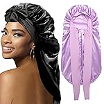 2Pcs Bonnets for Black Women Braid Bonnet, Large Long Satin Bonnet for Braids, Silk Bonnet with Stretchy Tie Band Sleep Cap Hair (2Pcs-Black&Purple)