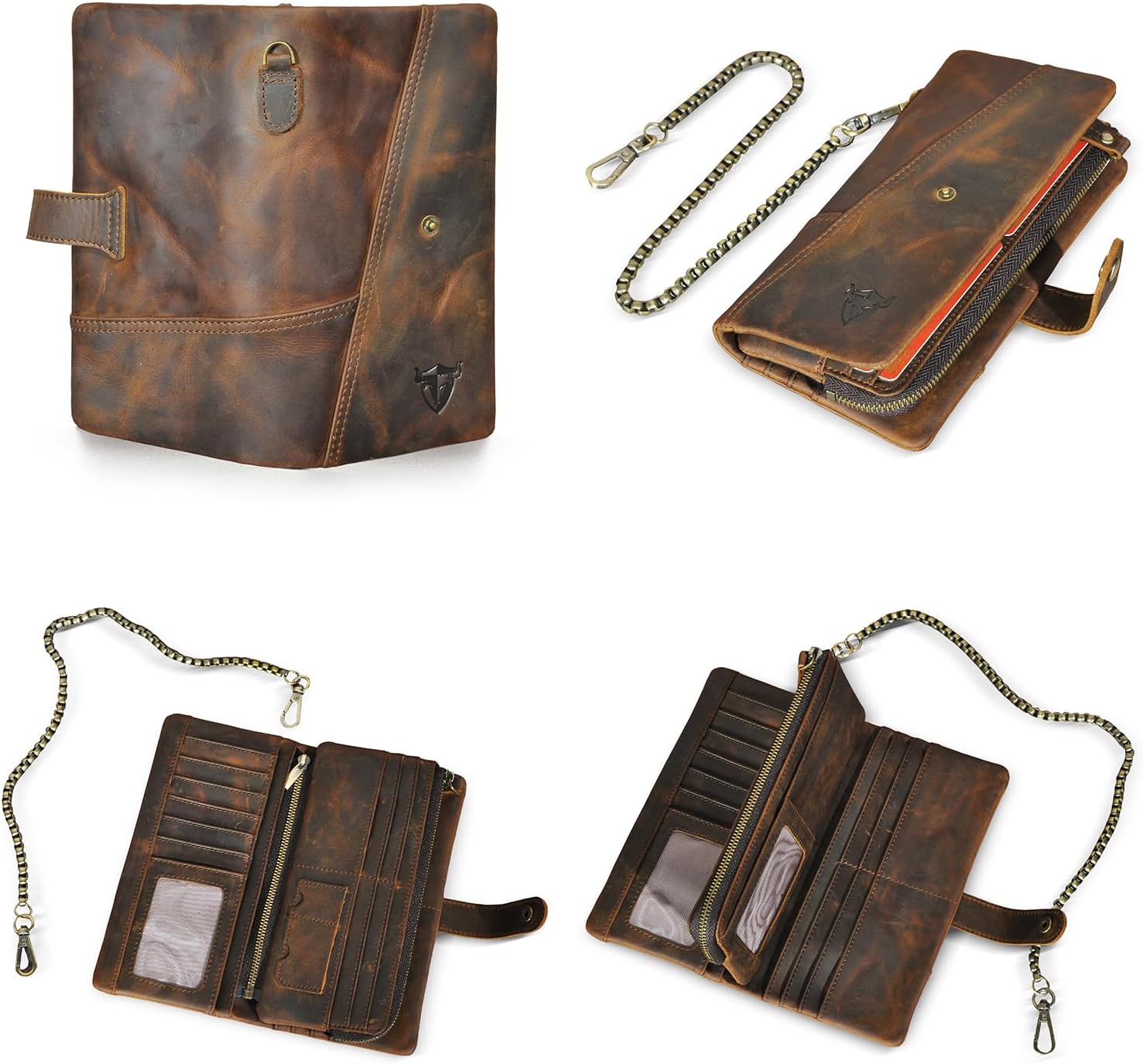 Genuine Crazy Horse Leather Travel Gift Coin Pocket Card Case Long Organizer Chain Rfid Wallet Purse With Snap For Men Male 1803 (1803 Brown) thumbnail