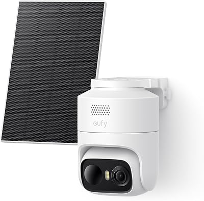 eufy Security eufyCam C37, videocamera di sicurezza wireless da esterno, tracciamento AI a 360° con pan e tilt, videocamera solare 2K, rilevamento persone/animali/veicoli, pannello solare flessibile
