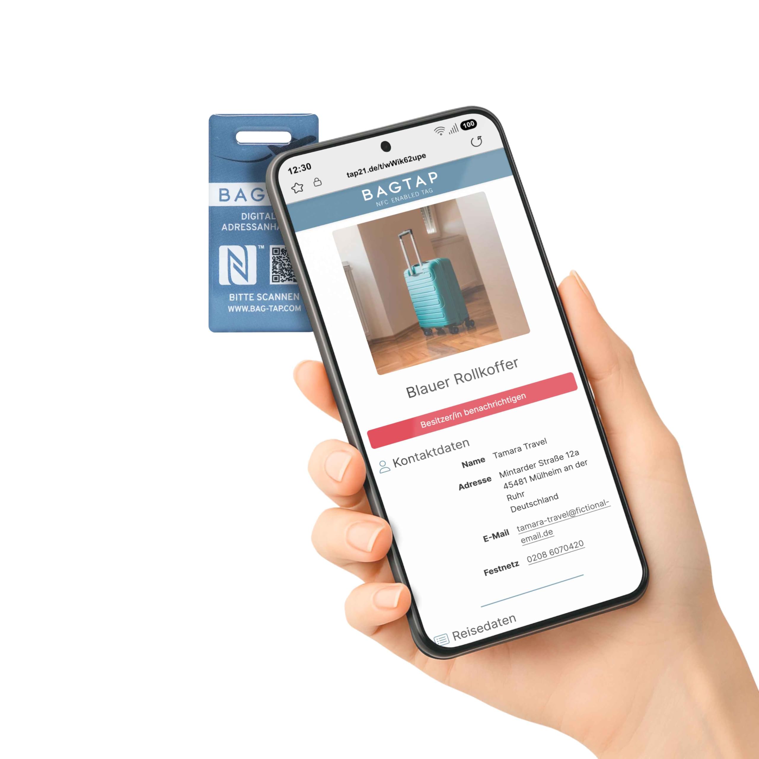 Etiqueta de equipaje digital con NFC y código QR, 30 x 60 mm, Pvc_azul claro, azul claro, Moderno, innovador