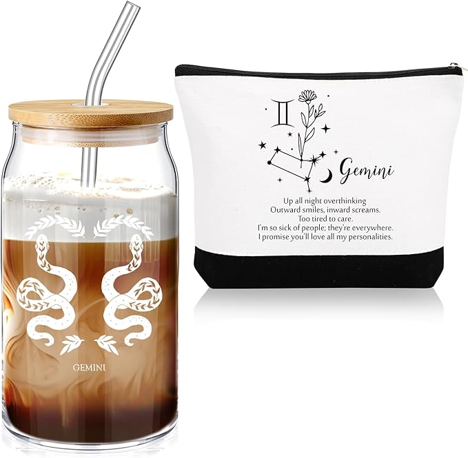 Sliner 2 Set Christmas Zodiac Gift for Women 16 oz Celestial Zodiac Signs Glass Cup with Lids Straws Horoscope Flower Sign Make up Bag 12 Constellations Thanksgiving Gift for Men Birthday(Gemini)