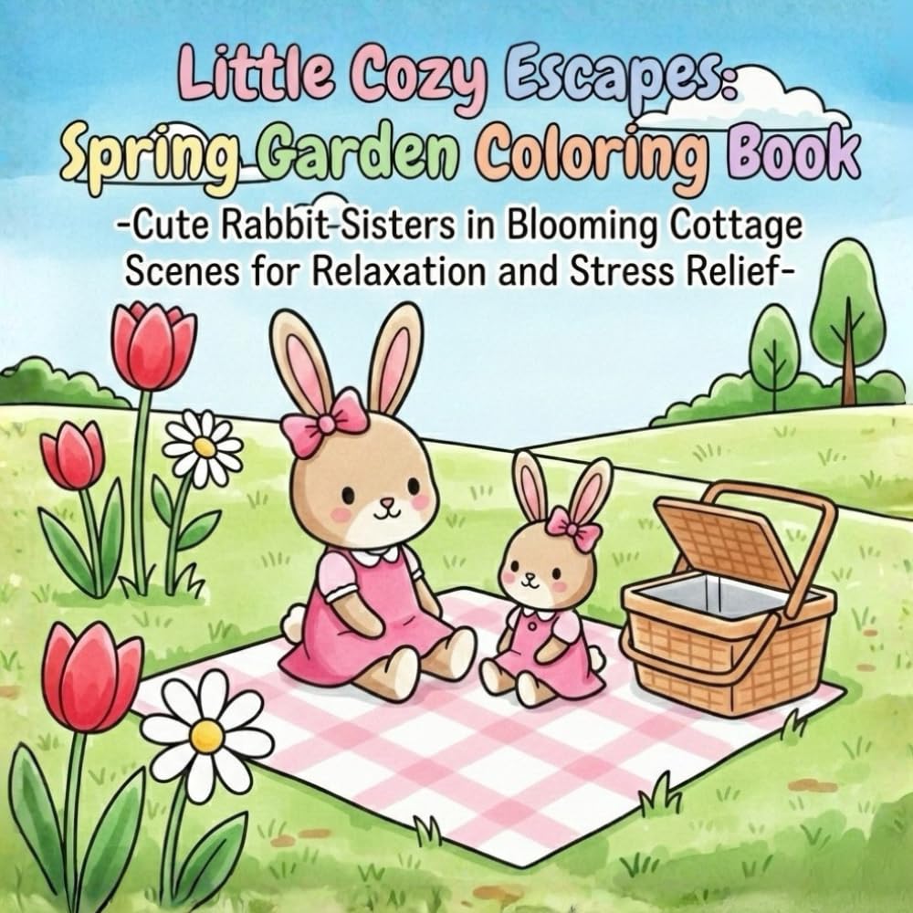 Little Cozy Escapes: Spring Garden Coloring Book: Cute Rabbit Sisters in Blooming Cottage Scenes for Relaxation and Stress Relief