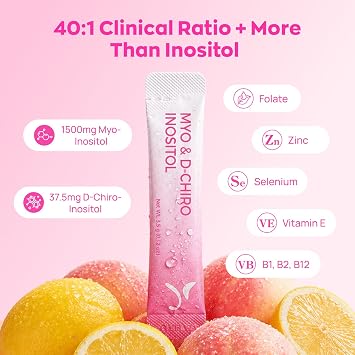 Gynable Myo-Inositol & D-Chiro Inositol Supplement for Women 40:1 Powder | Fertility, Hormonal Balance, Ovarian Health & Cycle Support Peach Drink Mix Packets 20 Sticks