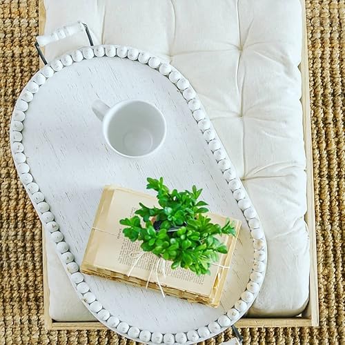 Miniatura 3 de Lavender Inspired Bandeja decorativa ovalada de madera, bandeja elevada de granja rústica con pedestal de cuentas de mango para mesa de café, cocina