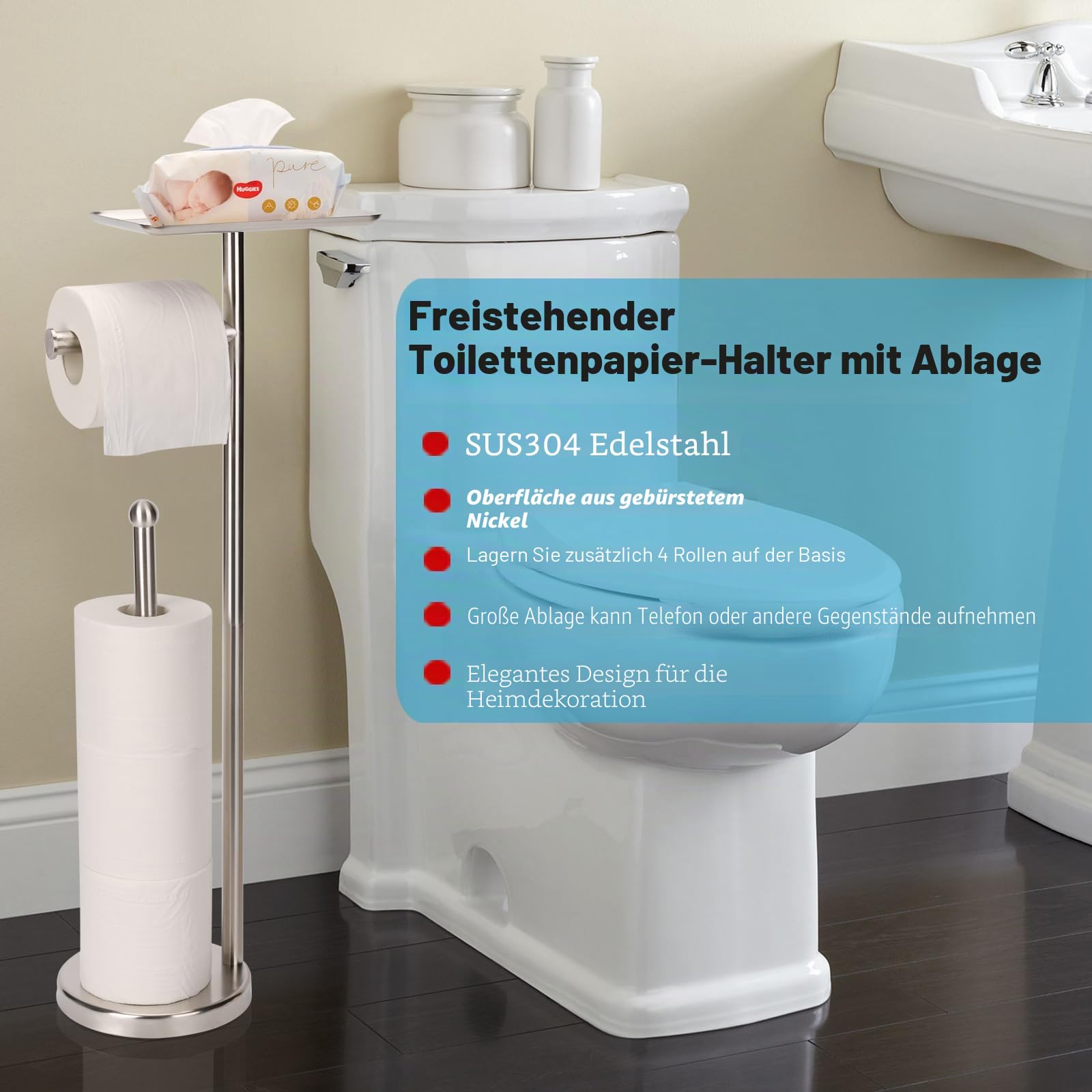 Toilettenpapierhalter mit Ablage, Freistehender Toilettenpapierständer mit Ablage für Kleinteile, Toilettenpapierhalter freistehend, Stauraum für 4 Extra Toilettenpapierrollen (Nickel gebürstet)