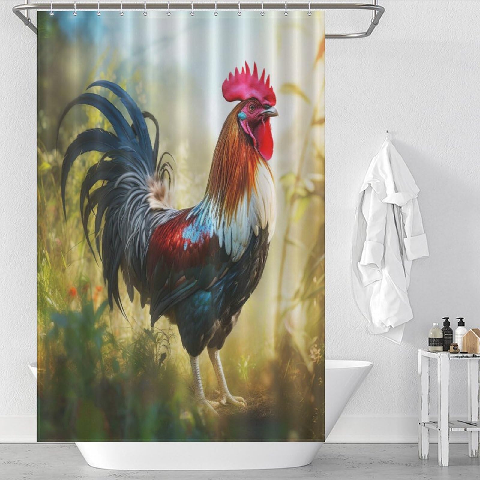 Rideau de douche coq anti moisissure en tissu lavable pour éliminer l'eau au sol