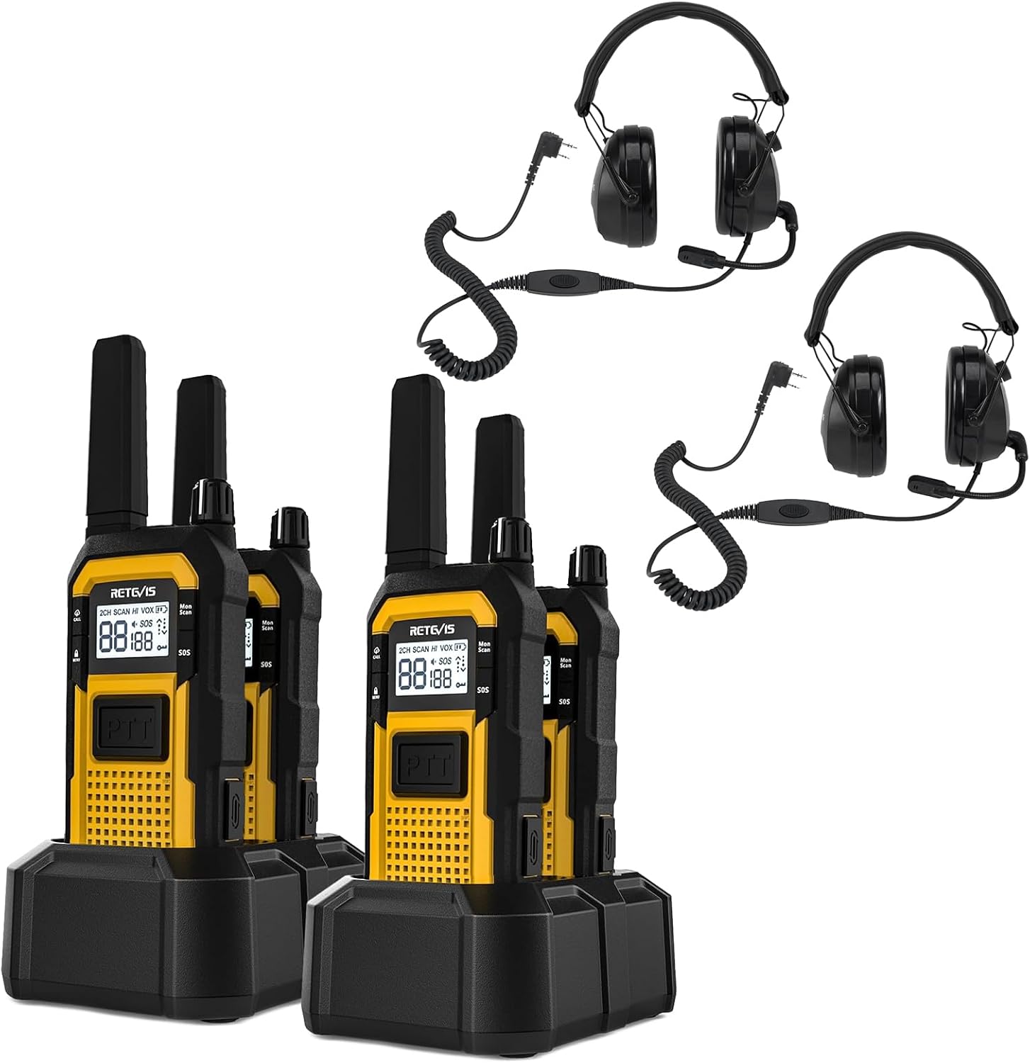 Retevis RB48 Heavy Duty Walkie Talkies, Waterproof Two Way Radio (4 Pack) Bundle with EHK012 Foldable Two Way Radio Headset with Mic (2 Pack), Advanced Triple Proof, 2000 mAh, Noise Reduction