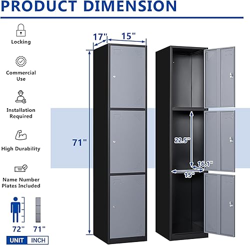 Miniatura 3 de Armario metálico de 3 puertas de 71 pulgadas para empleados, armario de almacenamiento, casillero escolar, hospital, gimnasio, casillero requiere