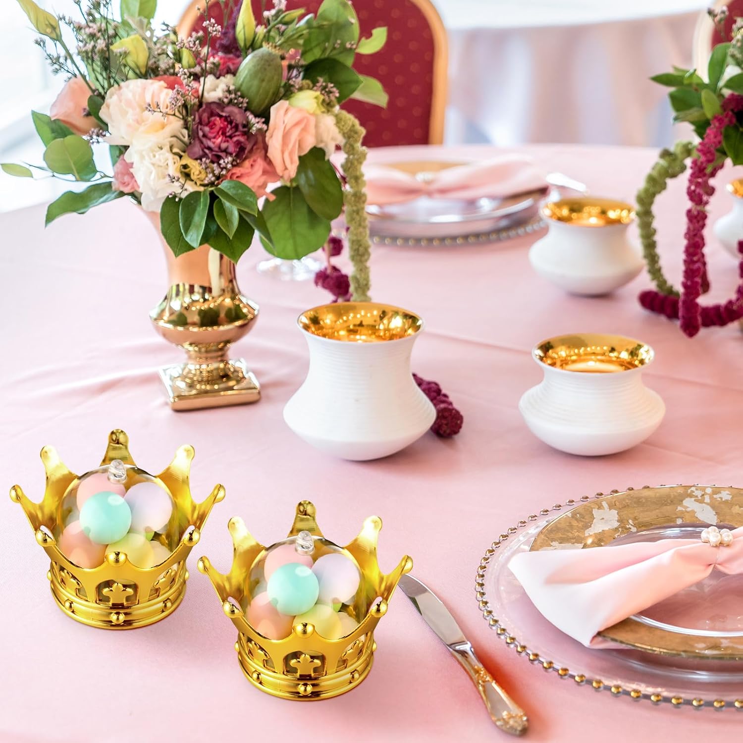 Honeydak 100 Pieces Gold Refillable Crown Candy Boxes with Dome Princess Party Favors Decorative Candy Holder Fillable Crown Containers for Wedding Baby Shower Birthday Party Supplies