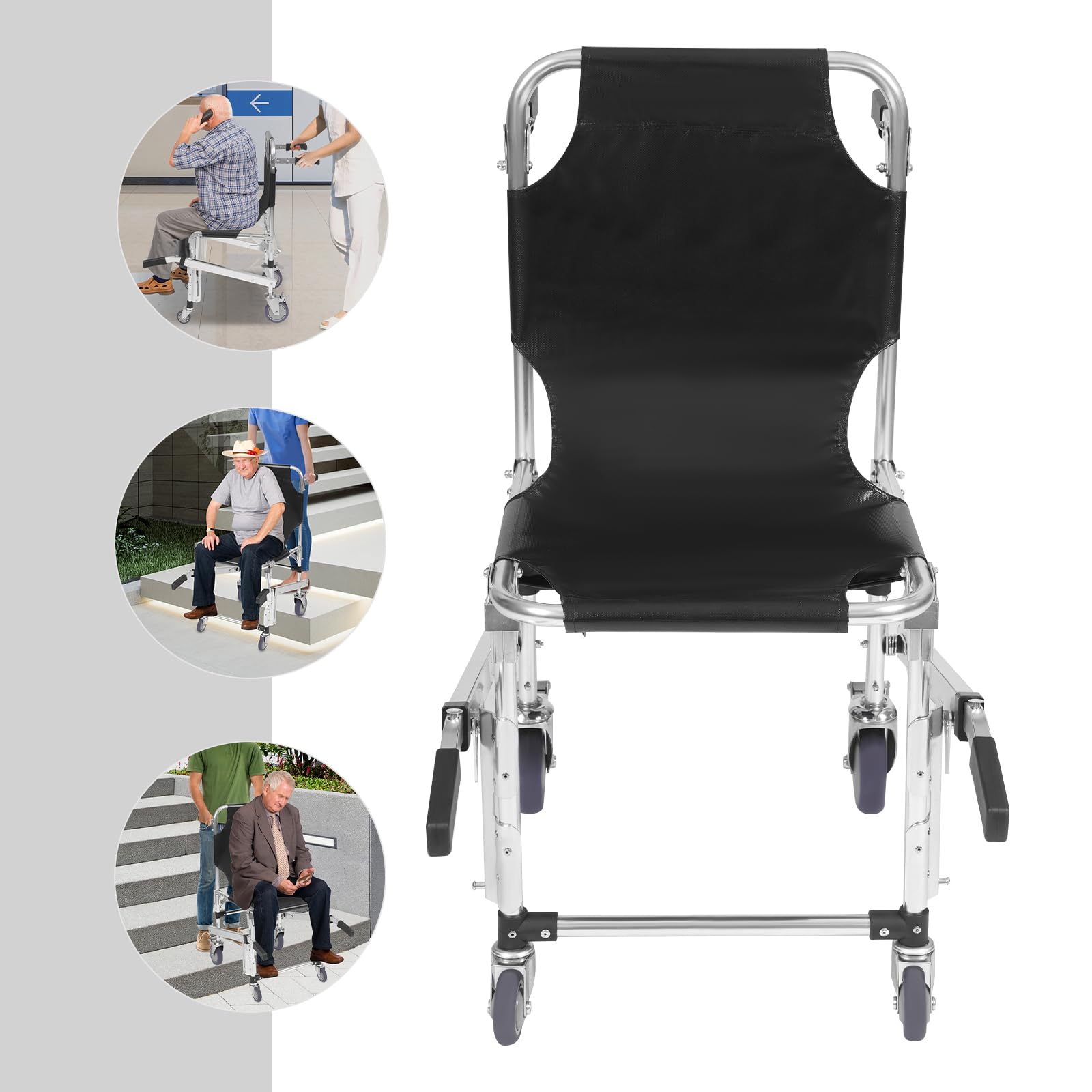 Chaise d'urgence pliable, monte-escalier, fauteuil roulant avec roues universelles, capacité de charge de 160 kg, pour sauvetage en cas d'urgence, noir