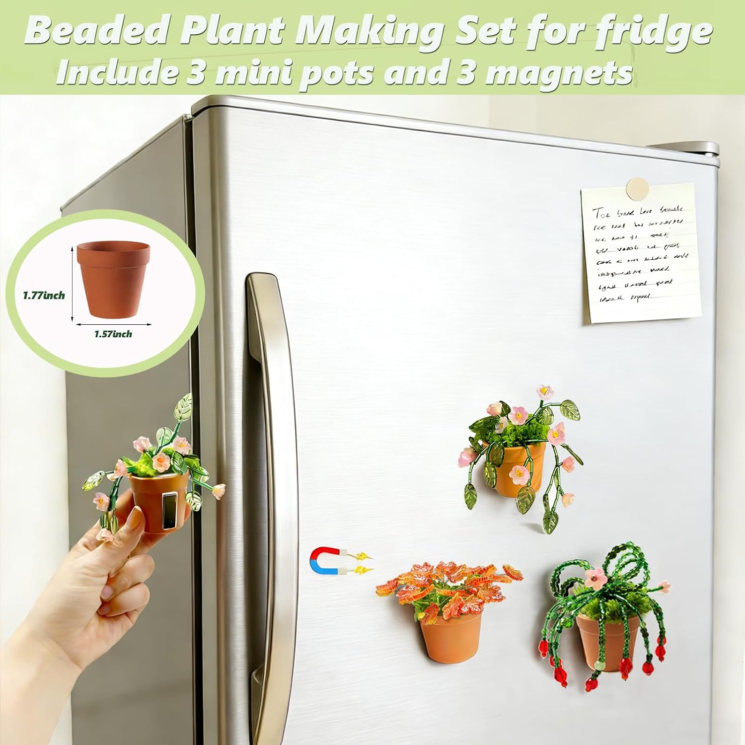 BOAJUNWU Forever Plant Kit Magnets for Fridge, Leaf Flower Beads for Beaded Plants with Mini Plant Pot, Green Beads for Jewelry Making DIY Crafts Kit Sun Catcher Lover Gifts