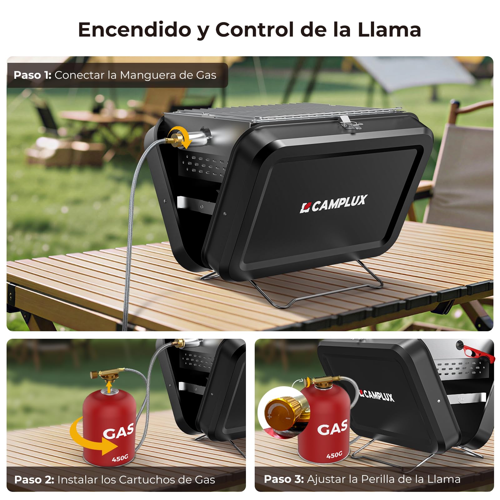 CAMPLUX FoldGo Parrilla a Gas Portátil, 2-in-1 a Gas y Carbone, FG16GB | 2 kW, Rejilla 32x23,5 cm, Diseño Plegable Compacto, Ideal para Camping, Jardín, Balcón y Viajes