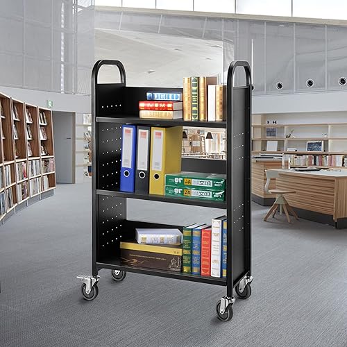 Miniatura 2 de BestEquip Carrito de libros, carrito de biblioteca de 200 libras, 49.2 x 29.5 x 13.8 pulgadas, carrito de libros rodante, estantes planos en forma