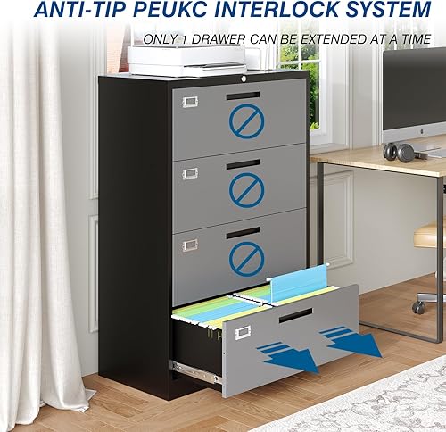 Vista 49 de Archivador de metal con cajón, archivador lateral vertical con cerradura, archivador con gabinete de almacenamiento para oficina en casa, gabinete