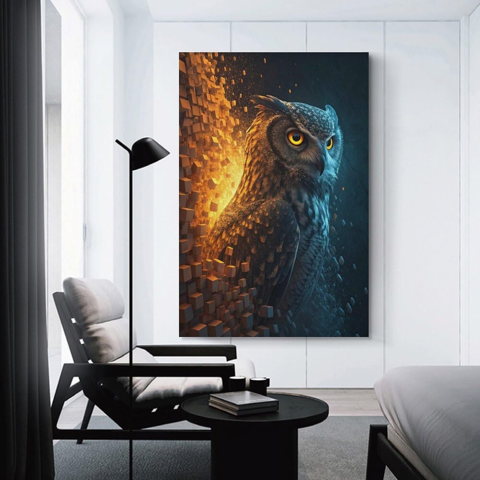 Junmoney Fiery Owl Exploding Into Cubes Room Decor Wall Art, 24x36inch(60x90cm), for Feature Walls in Flats Or Modern Rooms, Wall Decor Suited to Curated Displays