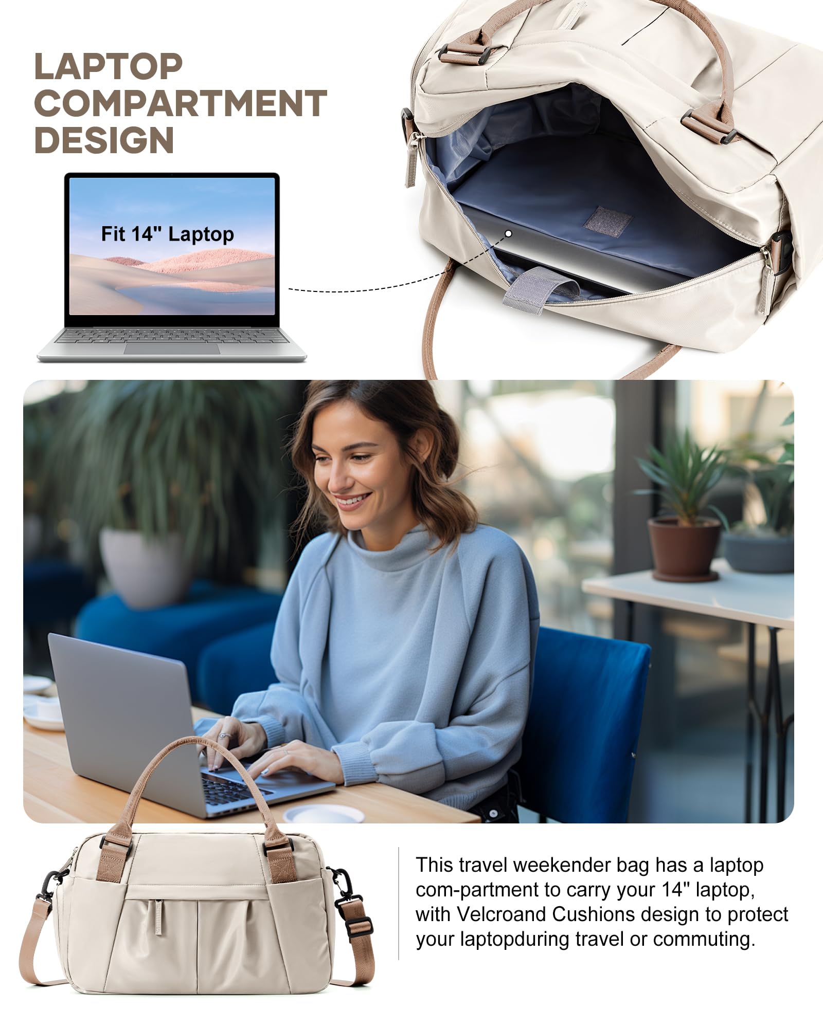 Borsone da Viaggio Donna, 40x20x25 Ryanair Bagaglio a Mano Borsa da Viaggio con Scomparto per le Scarpe, Borsa Sportiva Borsone da Palestra Grande, Borsa da Weekend,Borsa per Ospedale J1-Marrone beige