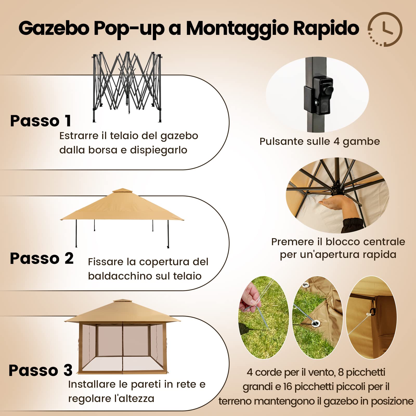 COSTWAY Gazebo Pieghevole da Giardino 4 x 4 m, Altezza Regolabile, Gazebo Pop-up con Zanzariera, Borsa di Trasporto, Doppio Tetto Ventilato e per Giardino Patio e Cortile (Cachi)