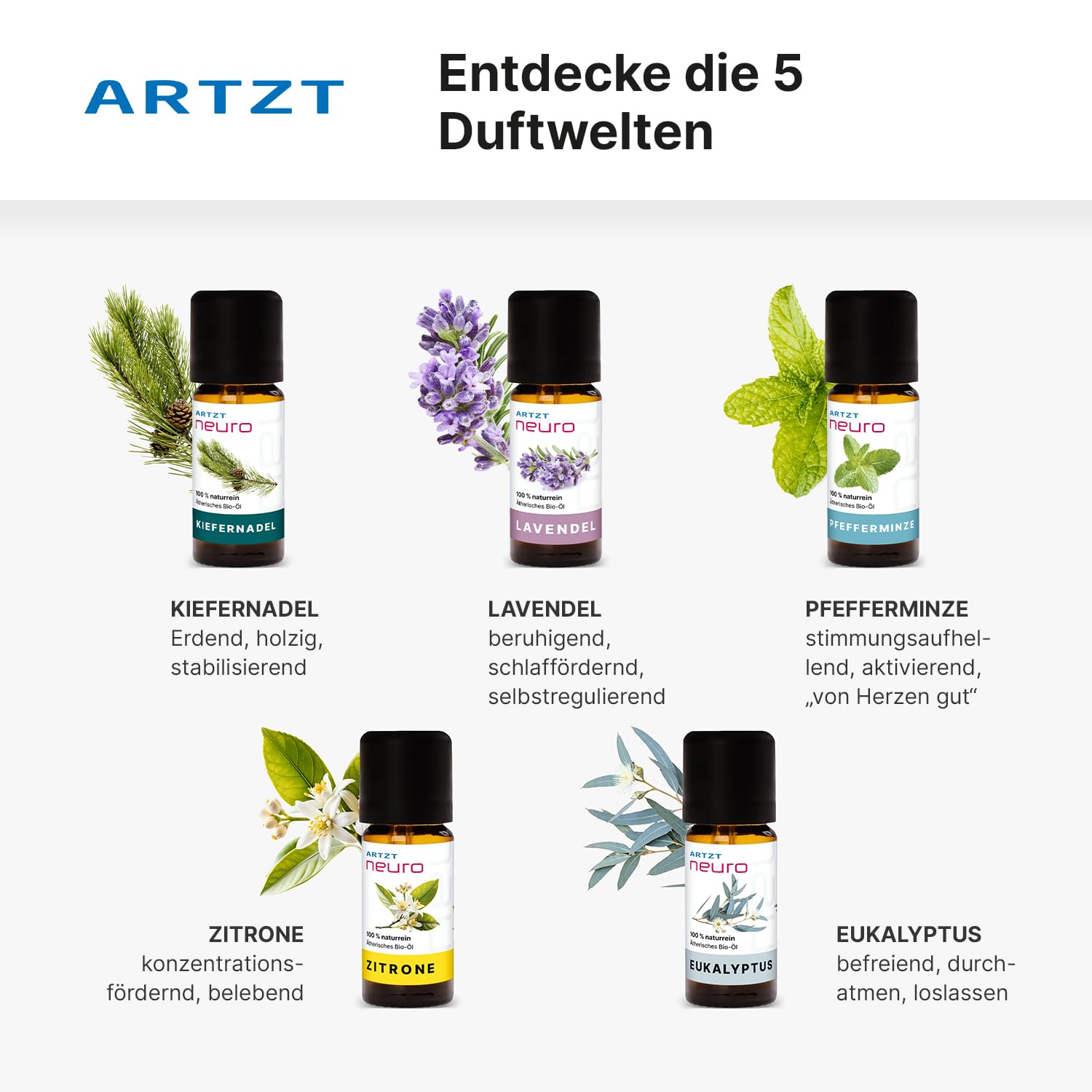Duftöl Set 5 x 10 ml | Natürliche ätherische Öle Bio | Ätherische Öle naturrein | Riechtraining Set | Geruchstraining Set | Smell Training Kit | Aromatherapie | Essential Oils | Inkl. Etui