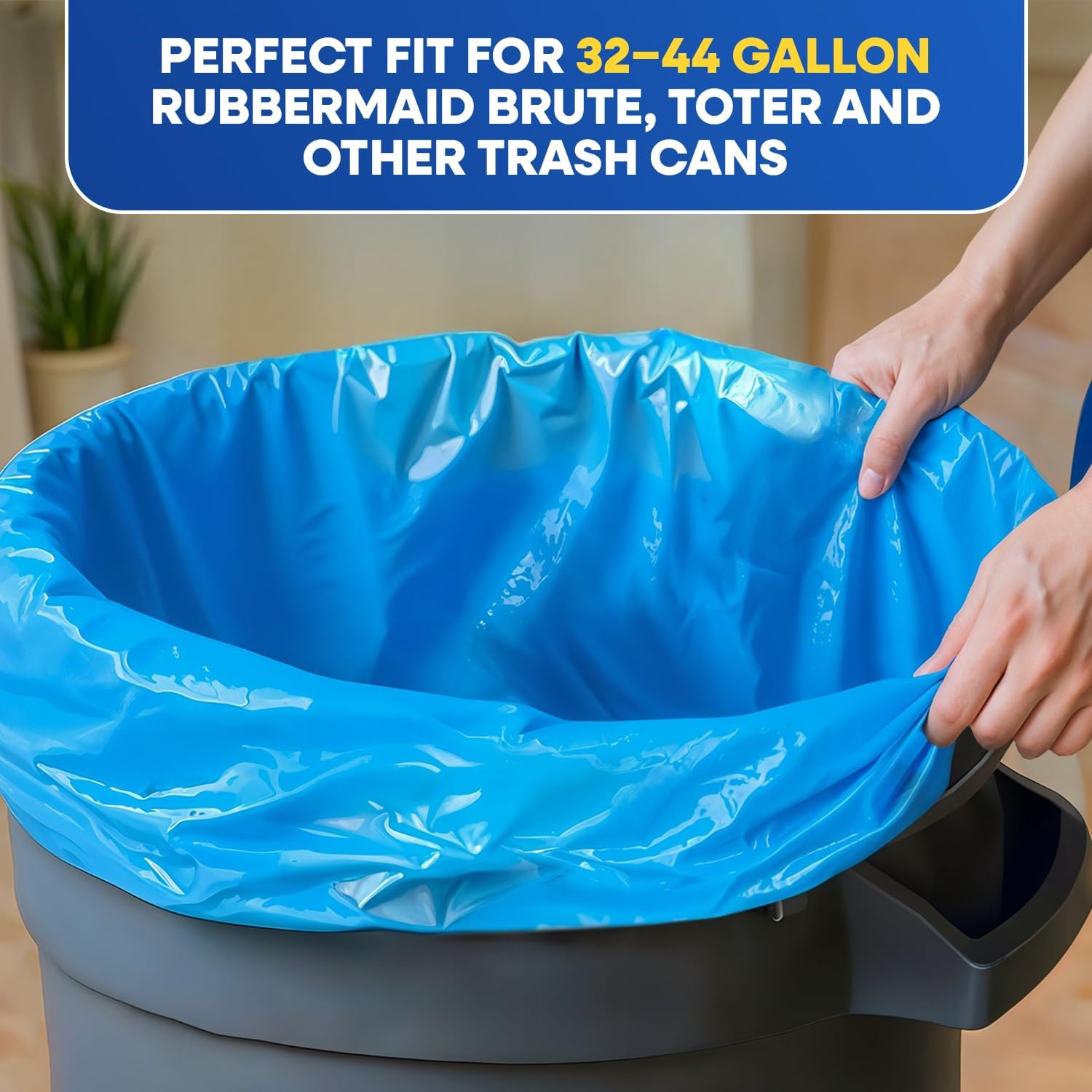 PLASTIC PRINCE 40-45 Gallon Trash Bags 2 Mil Heavy Duty Large Trash Bags Fit Rubbermaid Brute Rollout Round and Square 32-44 gal Trash Cans 40" x 46" Outdoor Garbage Bags, Blue Pack of 100
