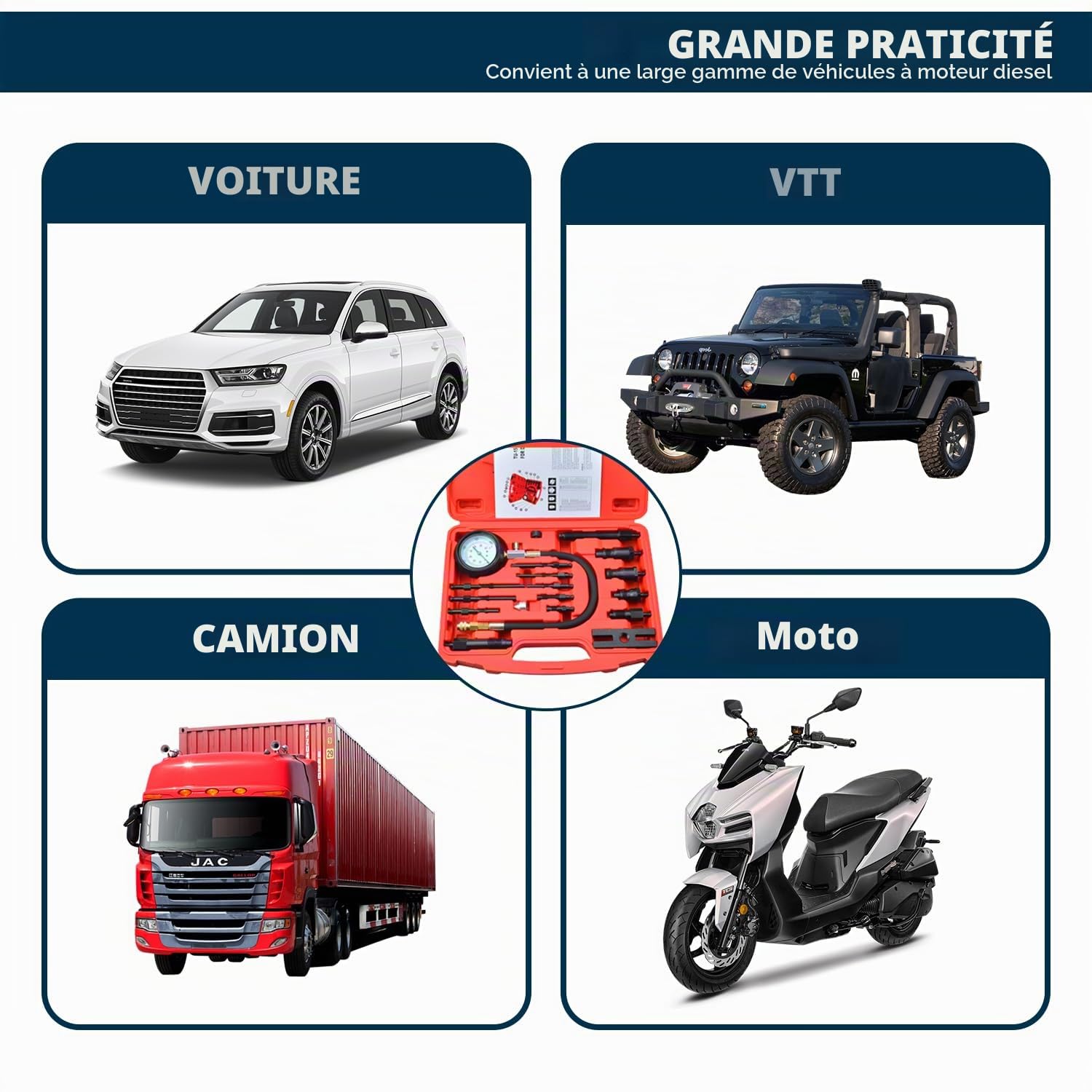 18 pièces Kit de test de compression pour moteur Diesel Manomètre de test pour moteur Diesel