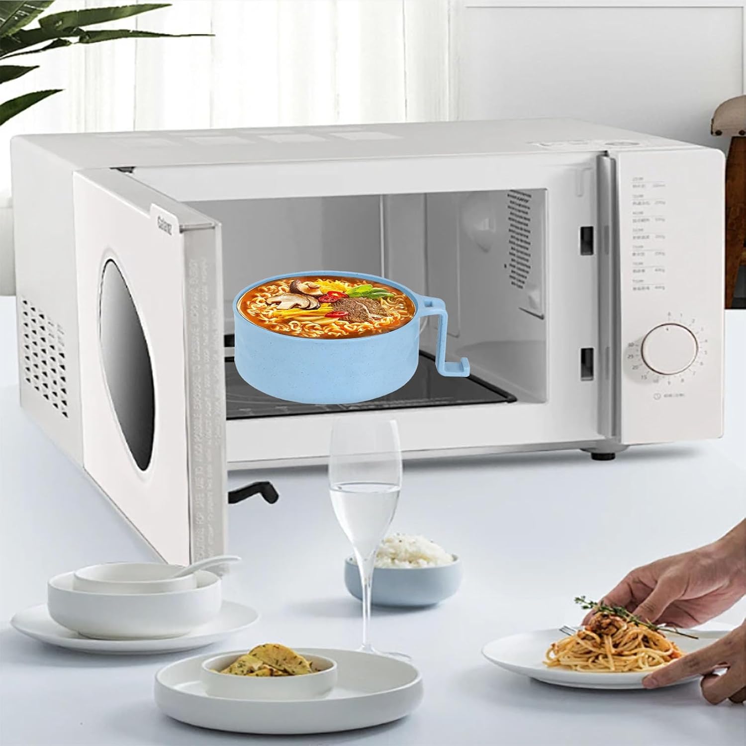 OZY Microwave Ramen Bowl，Ramen Noodle Cooker with Spoon Chopsticks Fork，Ramen Cooker with Handles，College Dorm Room Essentials，BPA-Free (Wathet) image 4