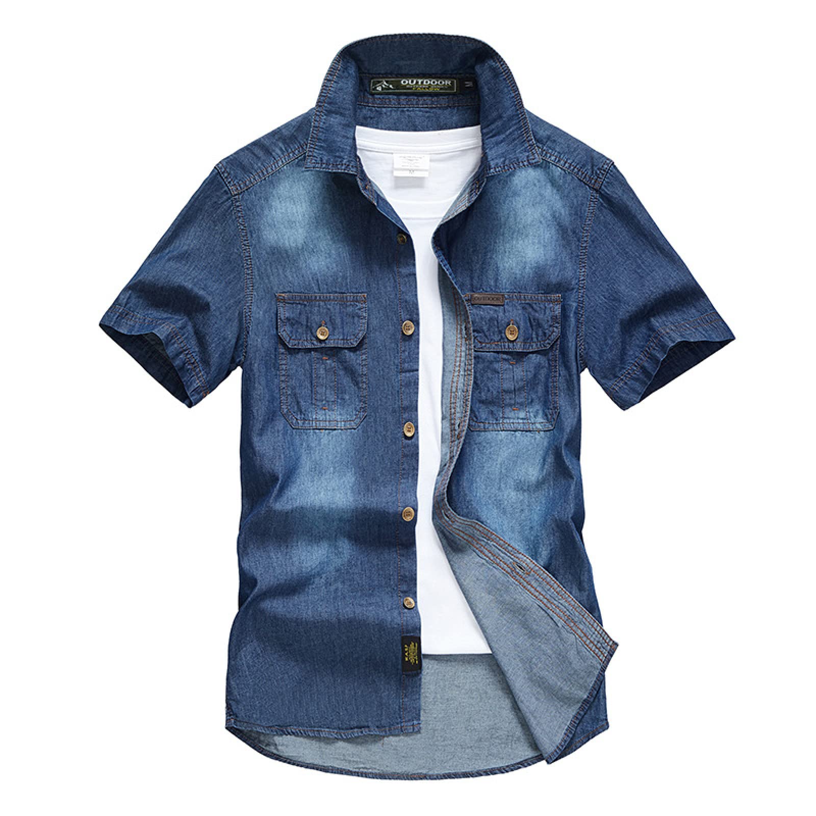 CACOM Men's Denim Short-Sleeved Shirt Summer Fashion Trends Do Old Shirt Street Outdoor Commuter with Pockets Shirt Cardigan