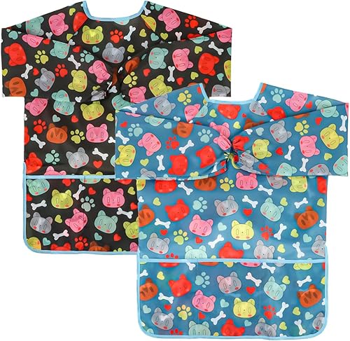 Casoty Paquete de 2 delantales de arte para niños, impermeables, batas de pintura para niños, batas de arte para niños, delantal de pintura de manga