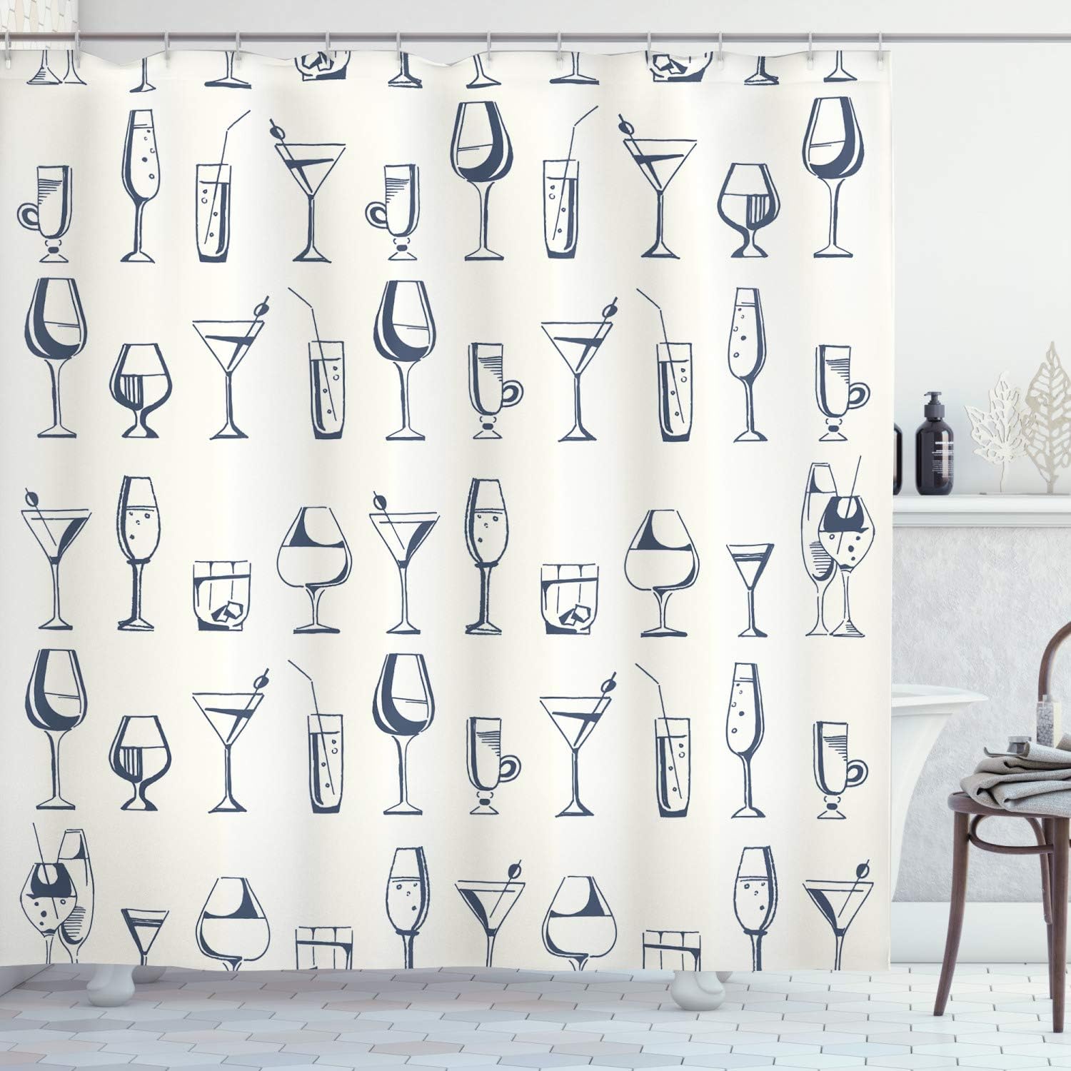 Ambesonne Drink Shower Curtain, Repeating Pattern with Hand Drawn Alcohol Beverages and Cocktails Glasses, Cloth Fabric Bathroom Decor Set with Hooks, 69" W x 70" L, Dark Violet Off White