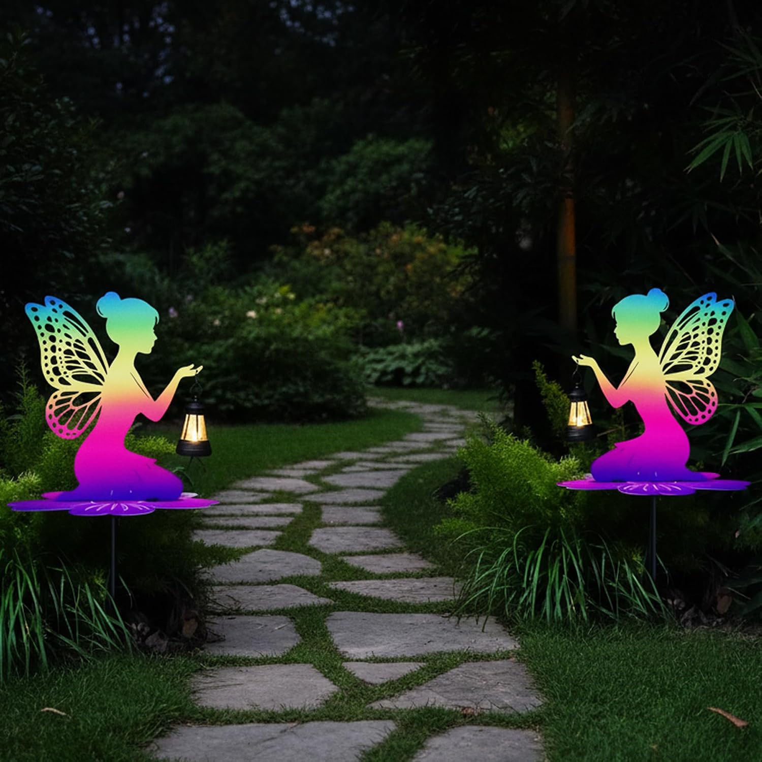 Rainbow Solar Fairy Garden Stake - 21" Iridescent Metal Fairy Silhouette with Warm LED Lantern, Waterproof Outdoor Decorative Light for Path, Yard, Flower Pot - Unique Gardening Gifts for Women/Mom