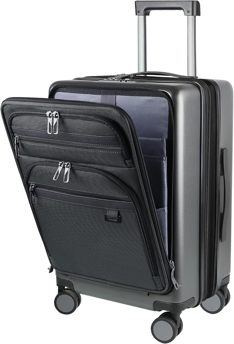 Hardside Expandable Carry On Luggage 22x14x9 Airline Approved With Front Business Pockets, 20 Inch Suitcases with Wheels, Carry on Suitcase with TSA Lock & USB Port, Steel Grey