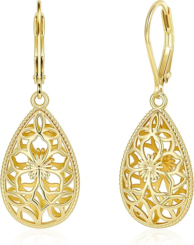 Filigree Silver Leverback Teardrop Dangle Earrings for Women Trendy Gifts | Hypoallergenic Gold Plated Drop Earrings Elegant Lightweight Hollow Teardrop Earring for Daily Wear Women
