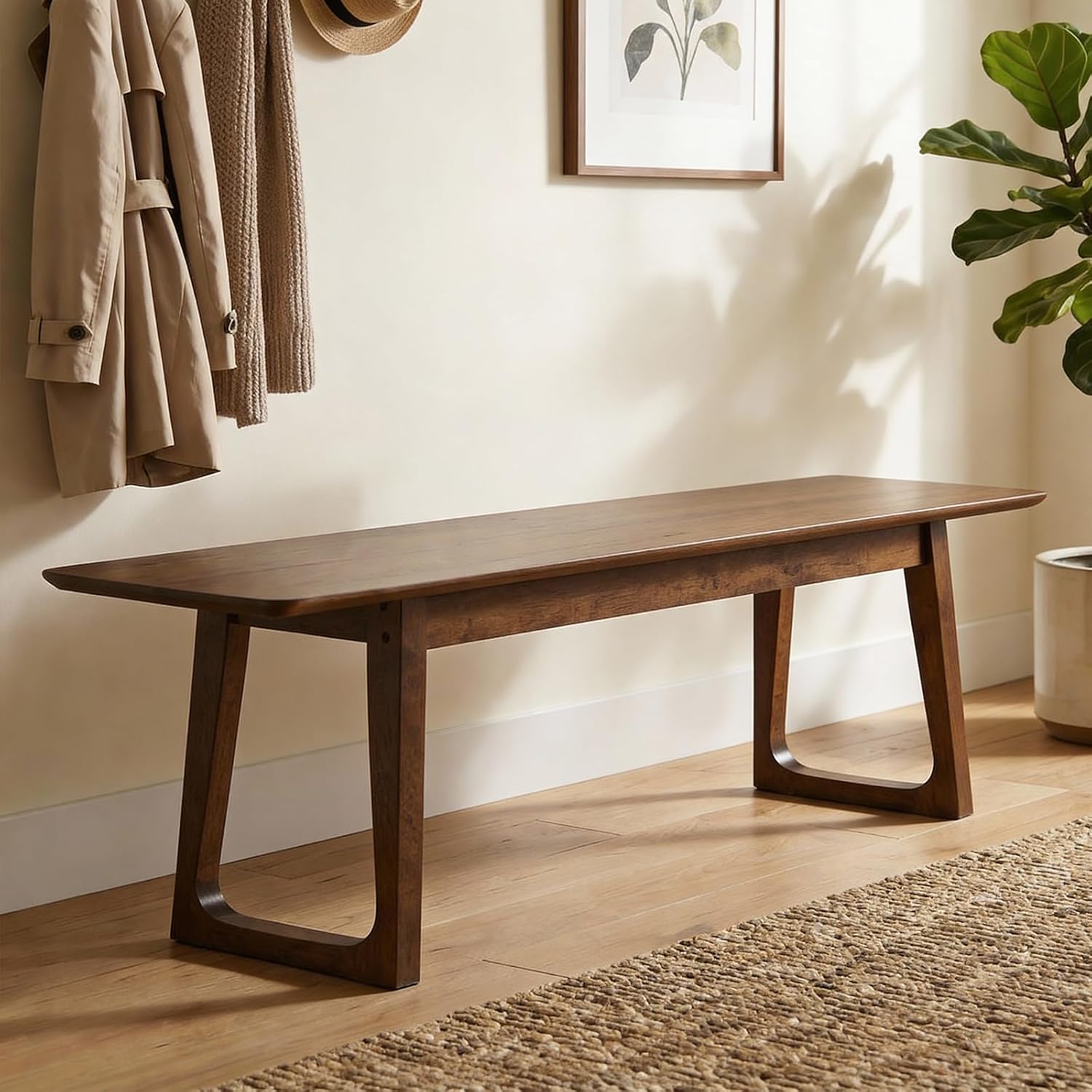 DUOMAY 55 Inch Walnut Farmhouse Entryway Bench - Rustic Solid Wood Dining Bedroom Bench for Hallway Living Room Kitchen