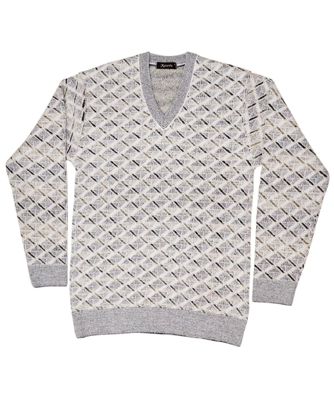 Makavio Men's V-Neck Knit Sweater, Diamond Pattern, Grey-picture-14